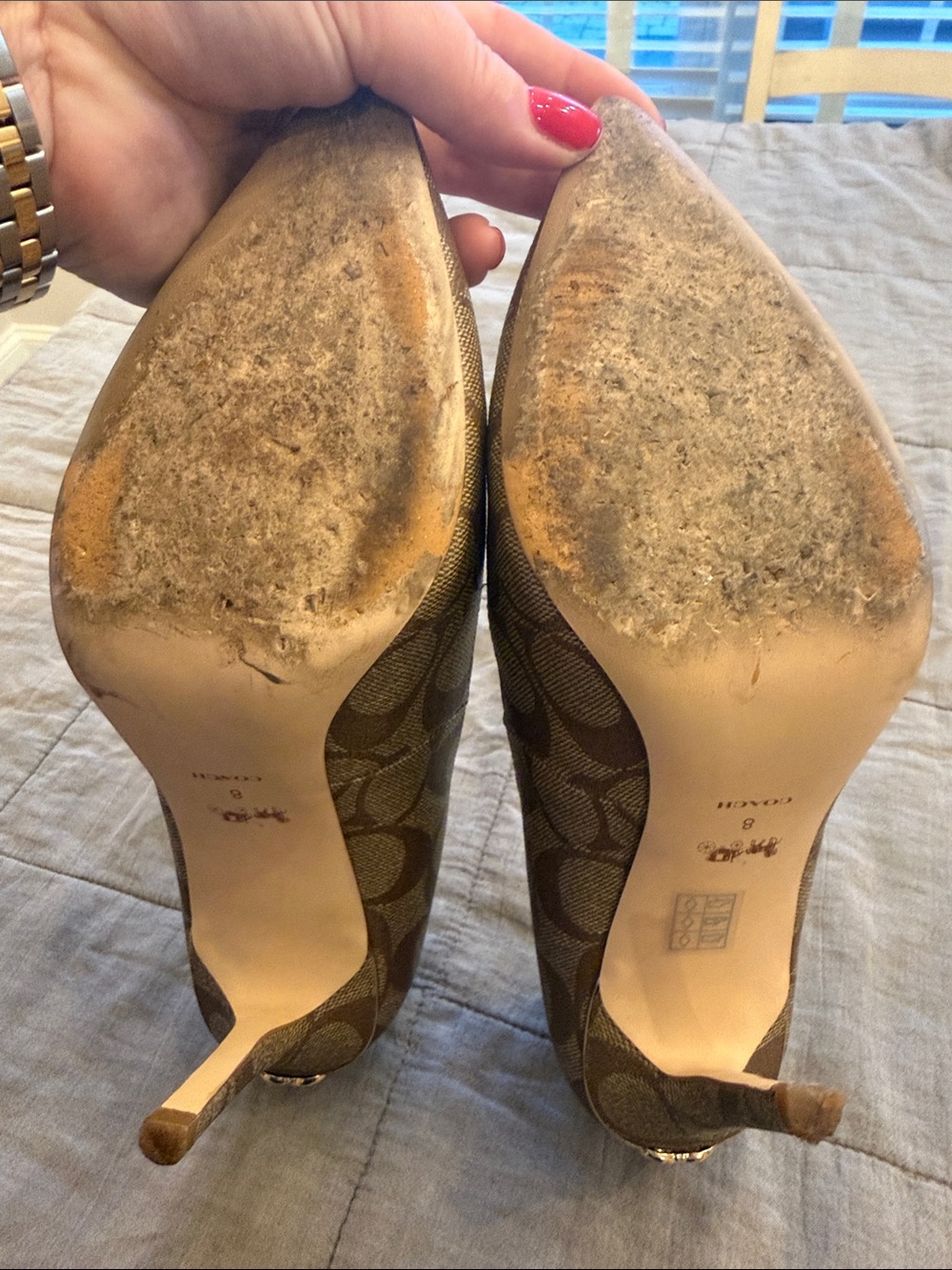 READ CAREFULLY REGARDING HEEL!!COACH Pointed Toe Monogram Pumps - Brown/Tan - Picture 4 of 5